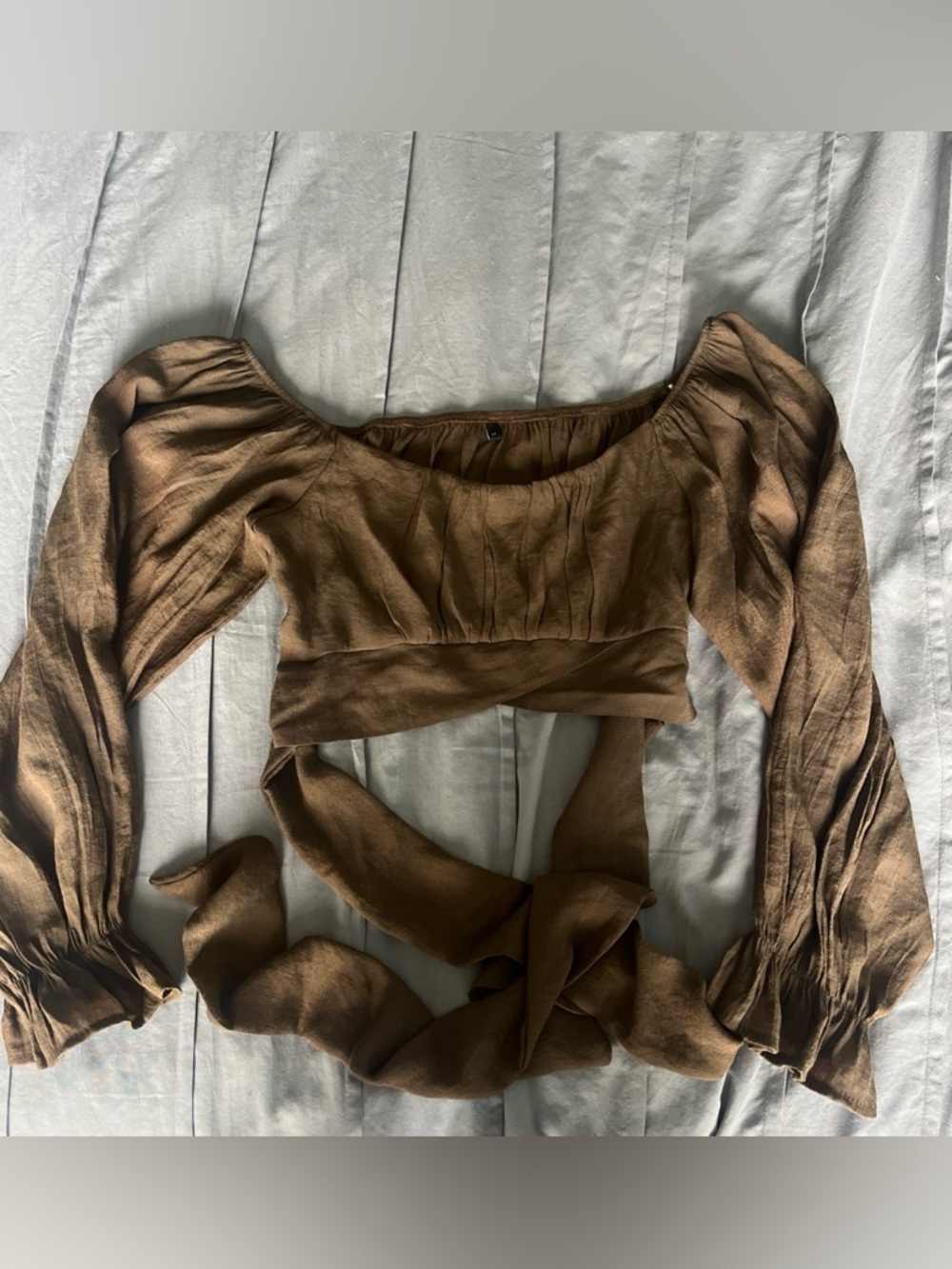 SHEIN Brown Long Sleeve Wrap Crop Top with Puff Sleeves